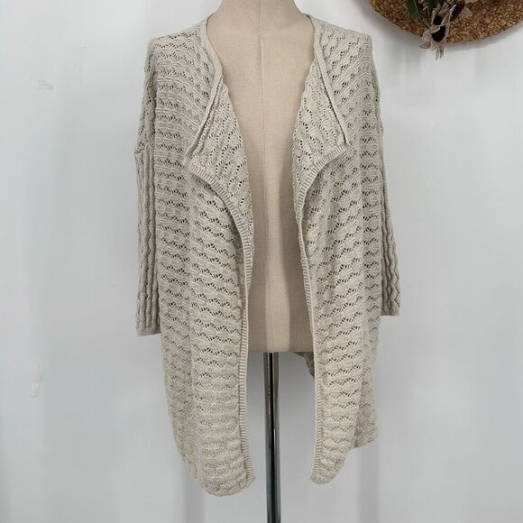 J.Jill Pointelle Open Front Drape Front Cardigan 3/4 Sleeve Cotton Linen Blend L - Picture 1 of 11